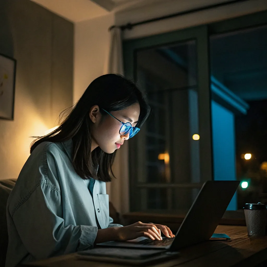 어두운 방에서 노트북 화면을 보는 모습 — 야간 청색광 노출과 수면의 질