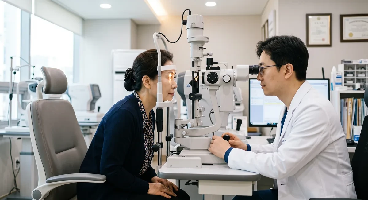 백내장 수술 시기와 인공수정체 선택을 상담하는 진료 장면
