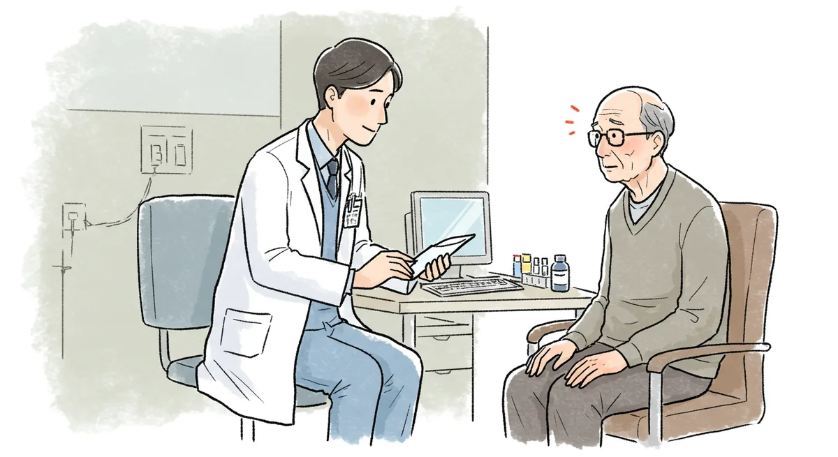 고령 환자와 마주 앉아 검사 결과를 상담하는 모습