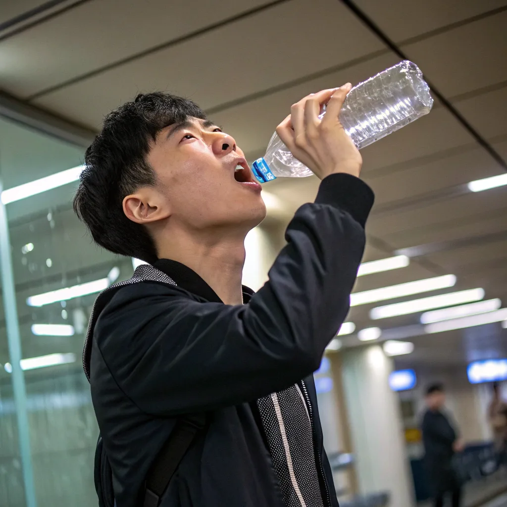 물을 한 번에 급하게 들이켜는 모습 — 짧은 시간에 많은 물을 마시면 안압이 일시적으로 오를 수 있습니다