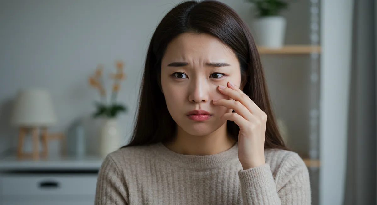눈이 뻑뻑해 손으로 눈가를 누르는 안구건조증 환자