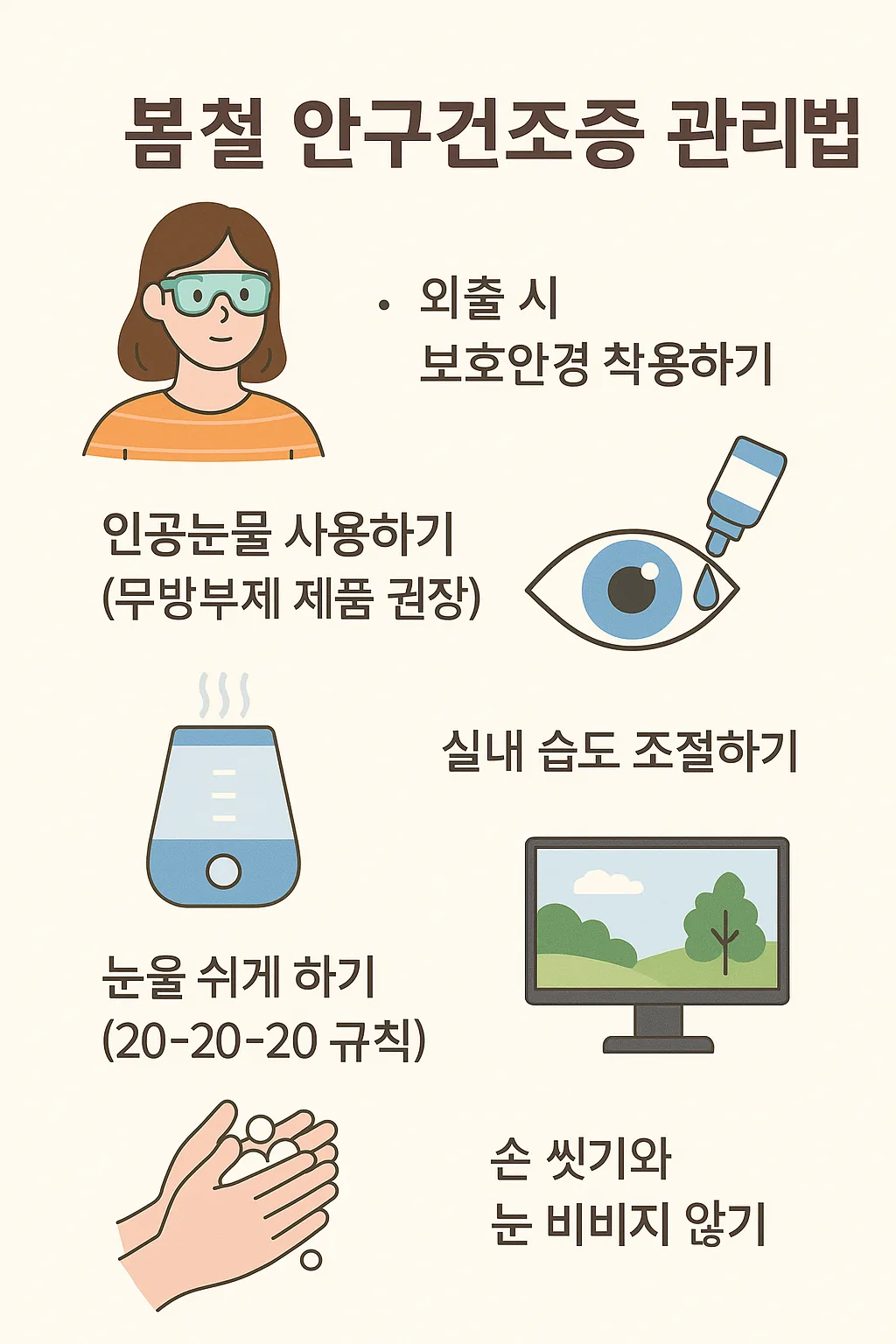 봄철 안구건조증 관리 요령을 정리한 안내 그림