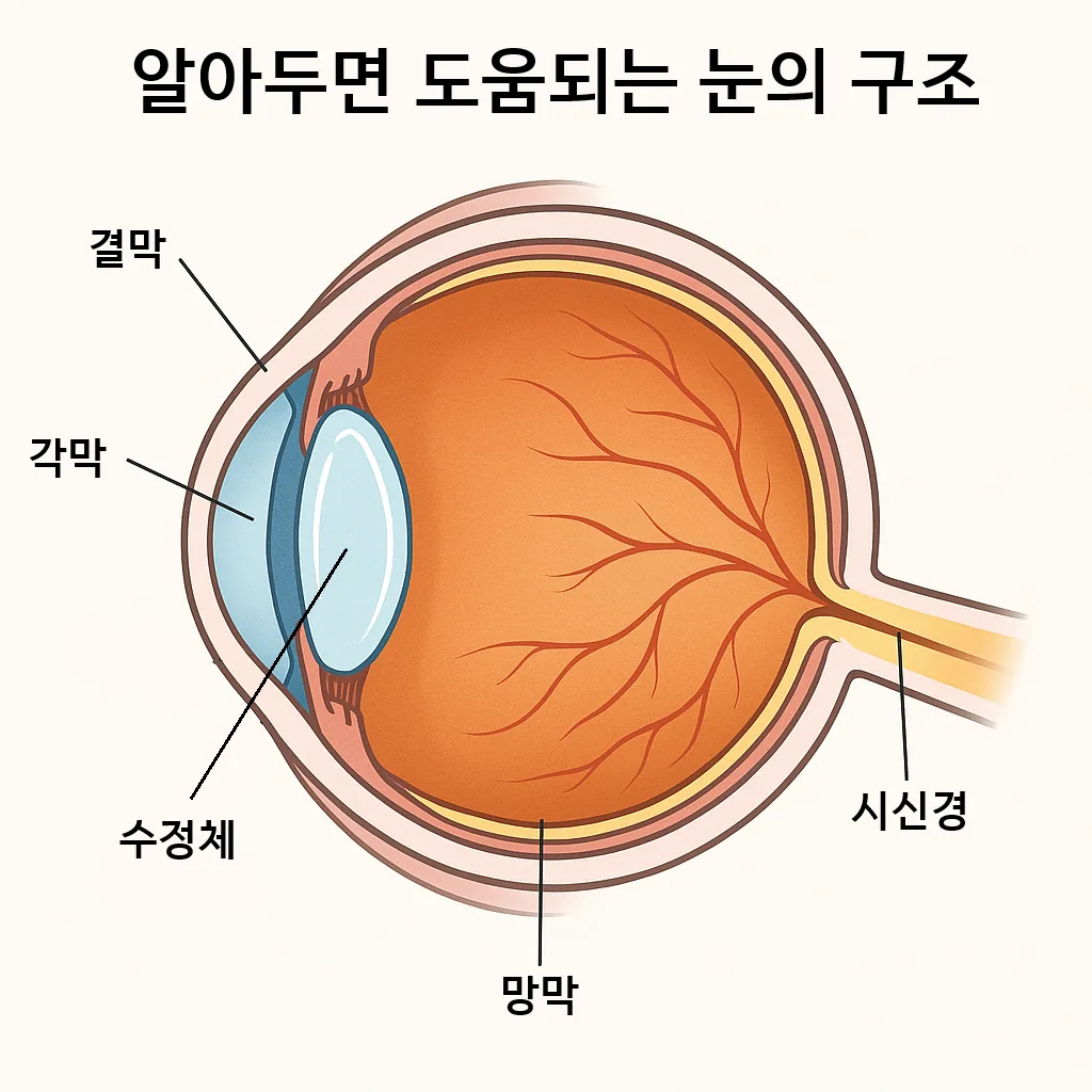 각막, 수정체, 망막, 시신경 등 눈의 기본 구조를 표시한 단면도