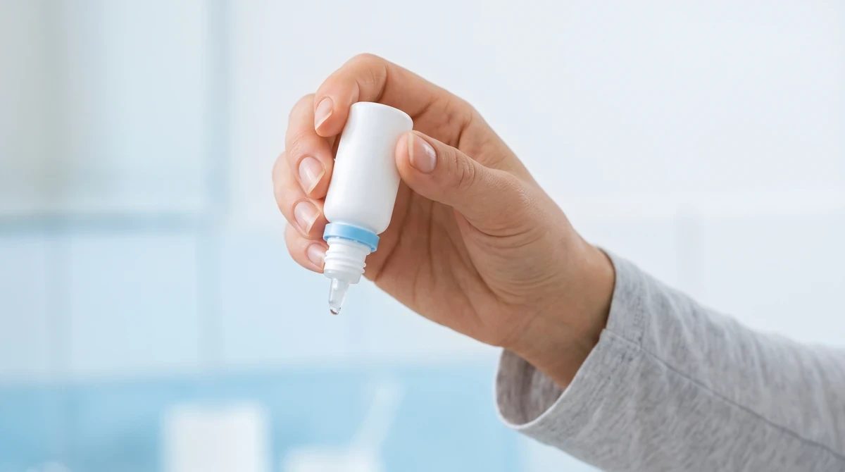 무브랜드 흰색 안약 병을 들고 한 방울을 떨어뜨리려는 손의 클로즈업