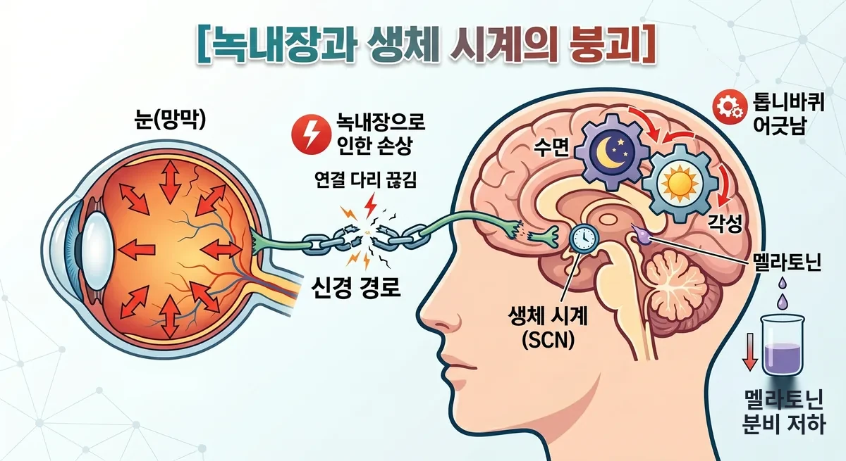 생체시계 교란이 안압 일중변동과 시신경 손상에 영향을 준다는 기전을 나타낸 도해