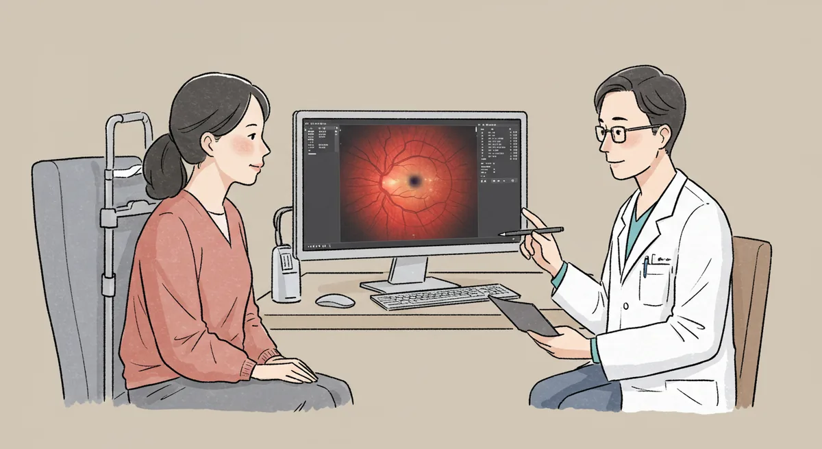 녹내장이 의심된다는 설명을 듣고 있는 환자와 의사의 진료 장면