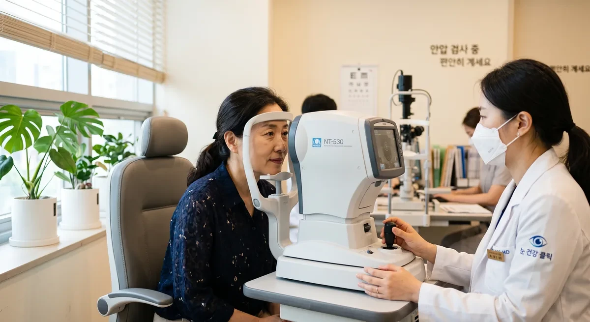 안압계로 안압을 측정받는 환자의 모습