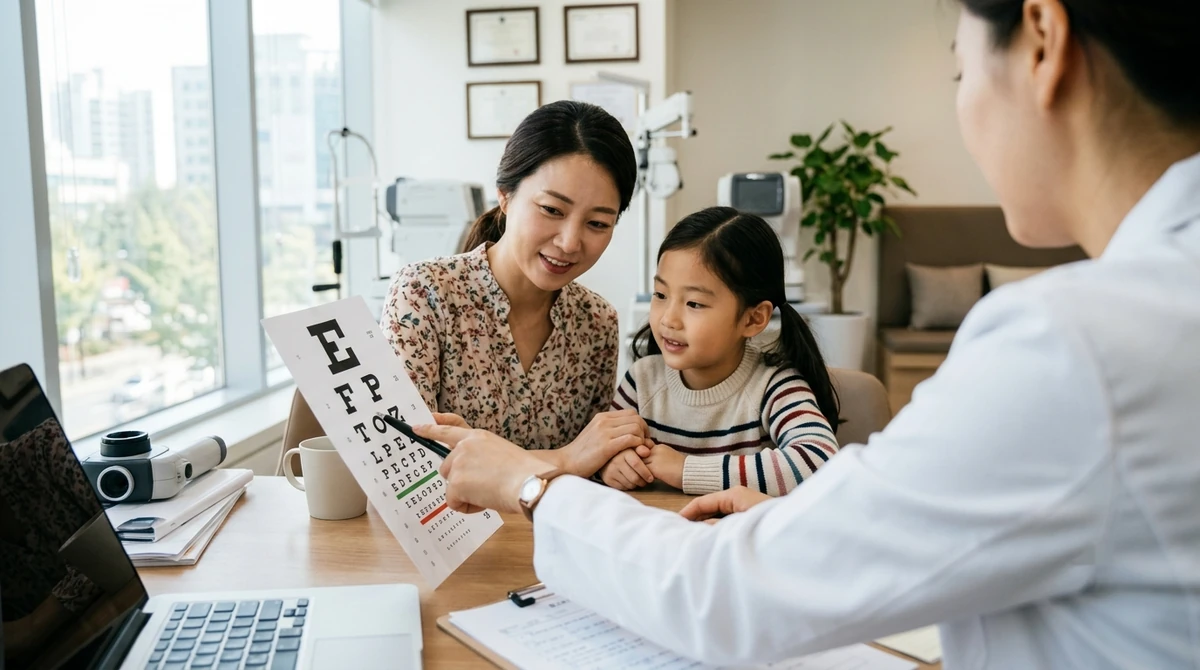 의사의 어깨 너머로 보이는 진료 장면 — 시력표를 짚어 가며 설명하는 손과, 마주 앉아 듣는 어머니와 아이
