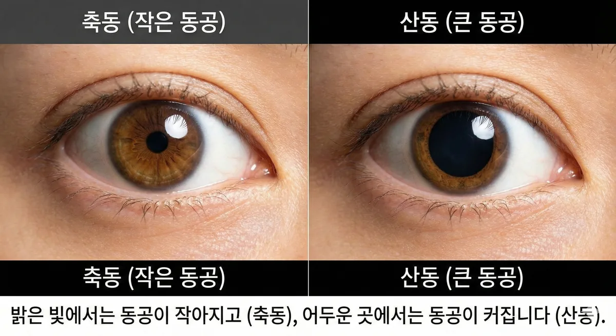 밝은 곳에서 동공이 작아지는 축동과 어두운 곳에서 커지는 산동을 비교한 그림