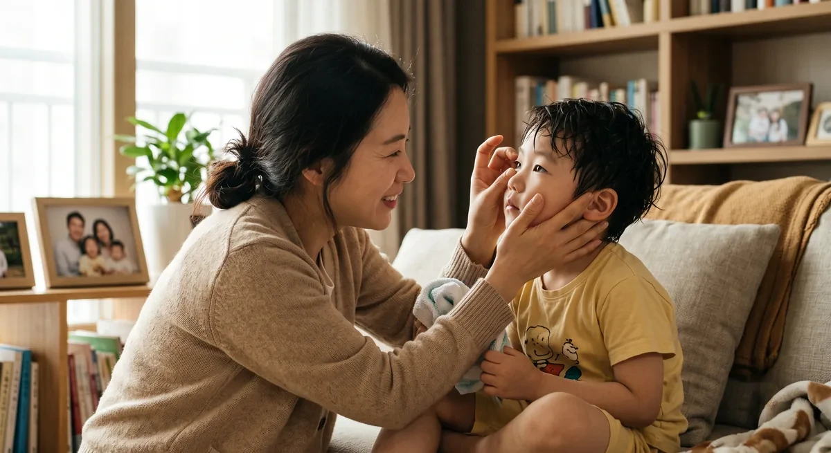 보호자가 아이의 눈에 안약을 넣어 주는 모습
