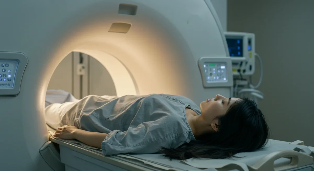 시신경과 뇌 병변 감별을 위해 MRI 촬영을 진행하는 장면