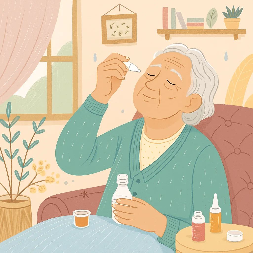 수술 후 보호자의 도움을 받아 안약을 점안하는 고령 환자
