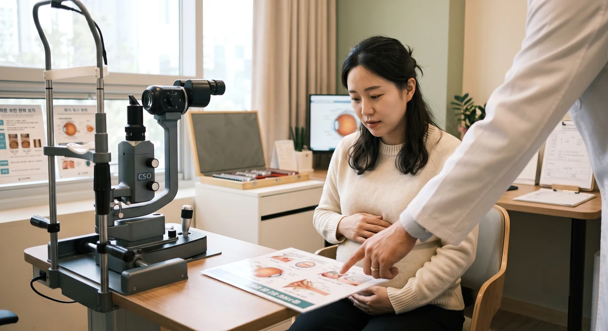 임신부가 진료실에서 눈 해부도 자료를 보며 녹내장 치료 상담을 받는 모습