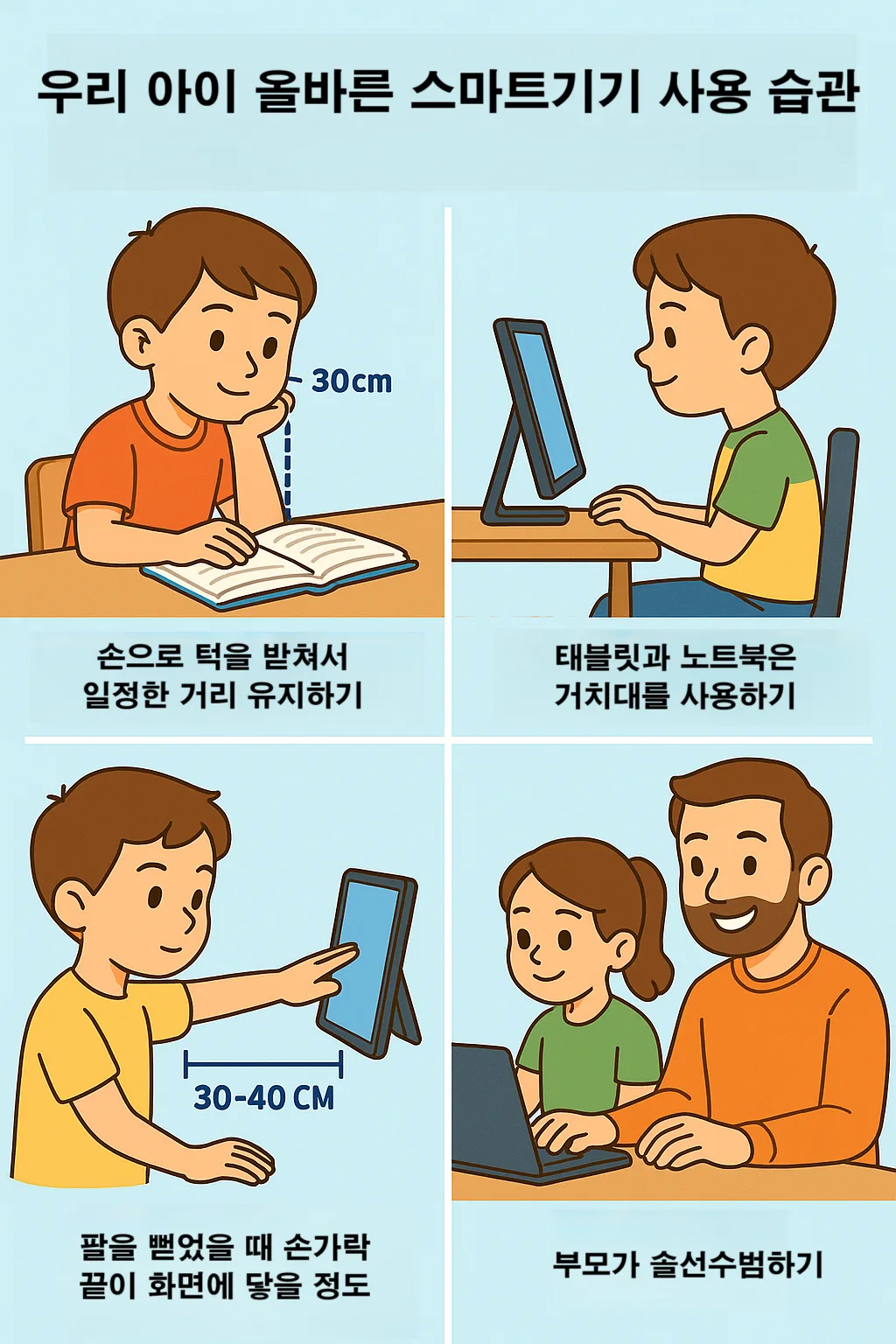 아이가 스마트기기를 사용할 때 유지해야 할 시청 거리와 자세를 안내한 그림