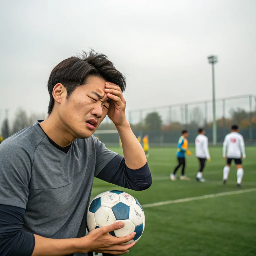 축구 중 공에 눈을 맞고 통증을 호소하는 모습