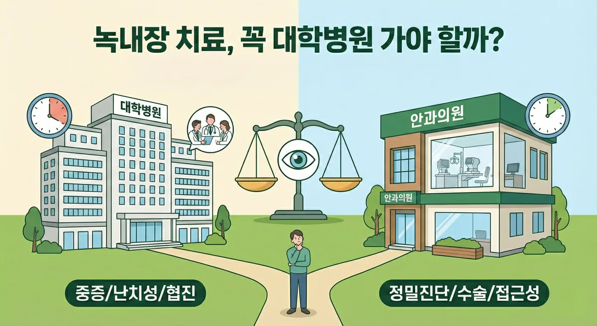 대학병원과 안과의원 중 어디서 녹내장 치료를 받을지 비교한 일러스트